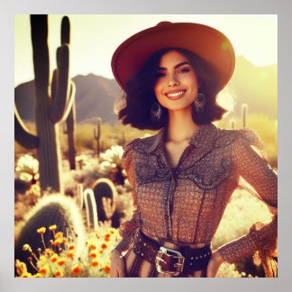 Braunhaarige Cowgirl mit Cowboyhut in der Wüste Poster