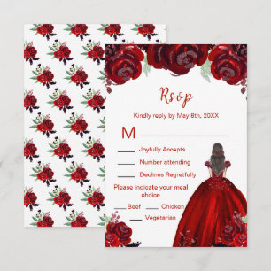 Braunhaarige Haarprinzessin Rote Florale Quinceane RSVP Karte