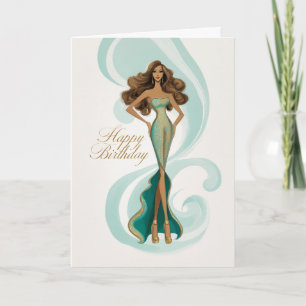 Braunhaarige in eleganter Teal-Gold-Glamourmode zu Karte