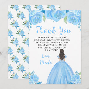 Braunhaarige Prinzessin Blaue Blumen Sweet Sixteen Dankeskarte
