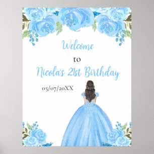 Braunhaarige Prinzessin Blaues Blumen Geburtstags  Poster