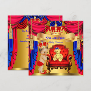 Braunhaariger Prinz Baby Shower Goldbär Rot Blau Einladung