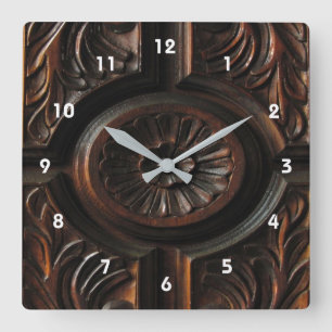 Braunholz-Carving-Uhr Quadratische Wanduhr