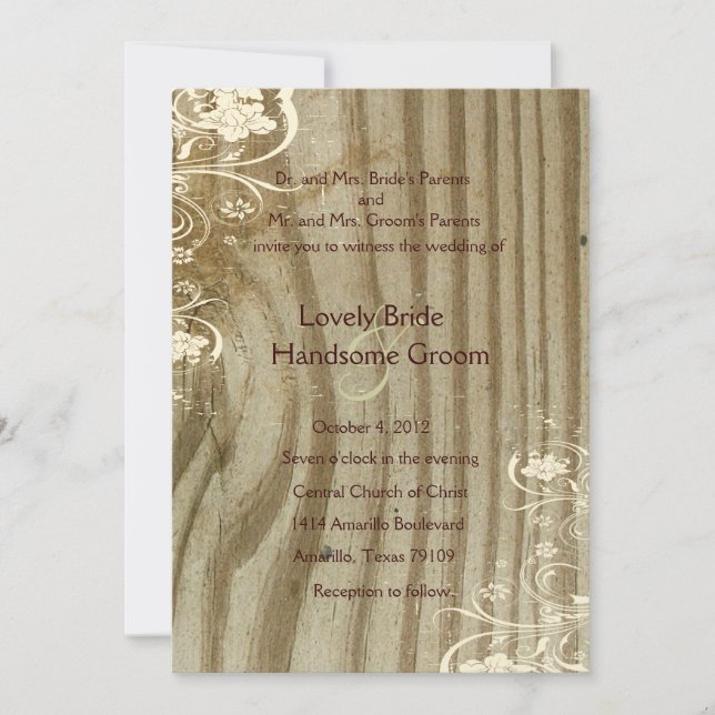 Braunholz Shabby Lace Gold Tint Hochzeit Einladung (Vorderseite)