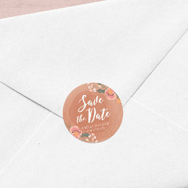 Braunholz und Blüten Save the Date rustikal Runder Aufkleber