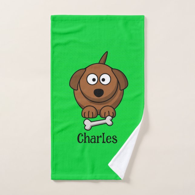 Braunhund mit Knochen, auf grün personalisiert Handtuch (Handtuch)