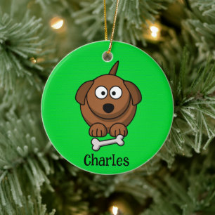 Braunhund mit Knochen, auf grün personalisiert Keramik Ornament