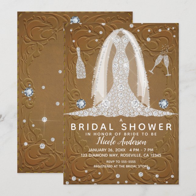 Braunleder Diamond Wedding Dress Brautparty Einladung (Vorne/Hinten)