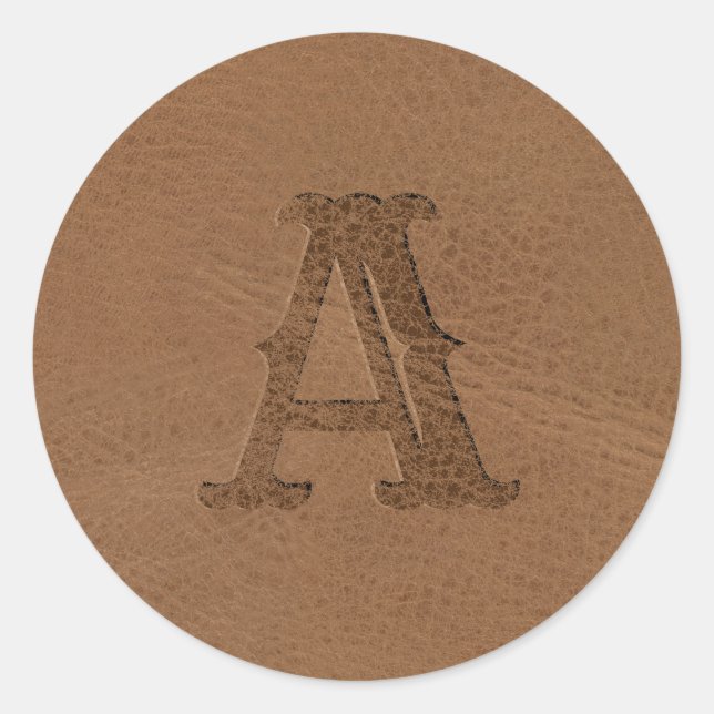 Braunleder Textur Mit Monogramm erste Runder Aufkleber (Vorderseite)