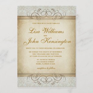 Bräunliche Vintage-Damask-Hochzeitseinladung Einladung
