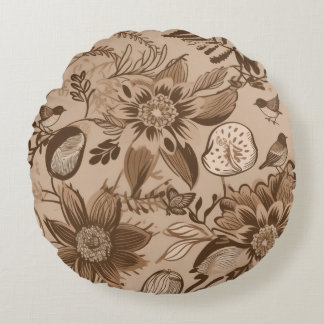Bräunliches Florales und Vögel Rundes Kissen