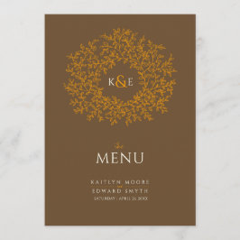 Braunorange-botanische Blätter, zeichnend Monogram Menükarte