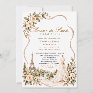 Braunromantisches Pariser Blumenkleid Brautparty  Einladung