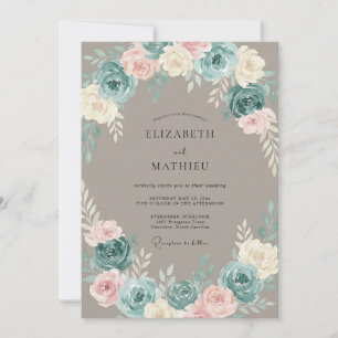 Braunrosa Teal Wasserfarben Blumen Hochzeit Einladung