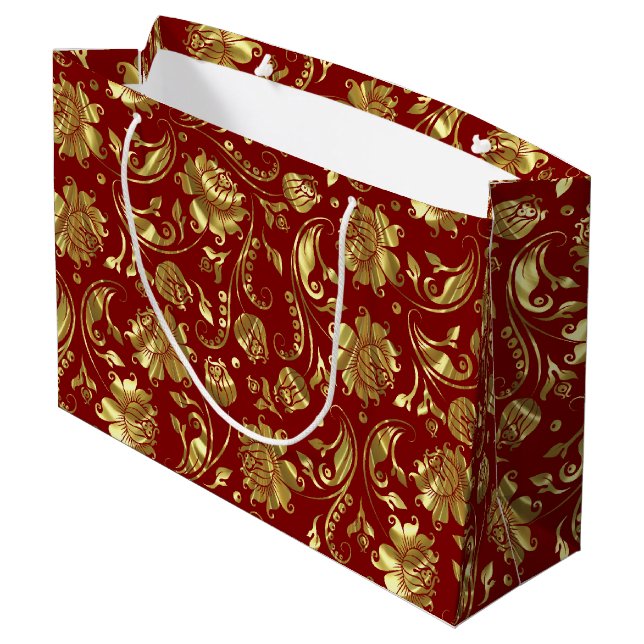 Braunrot & Shiny Gold Damask Muster Große Geschenktüte (Rückseite Schrägansicht)