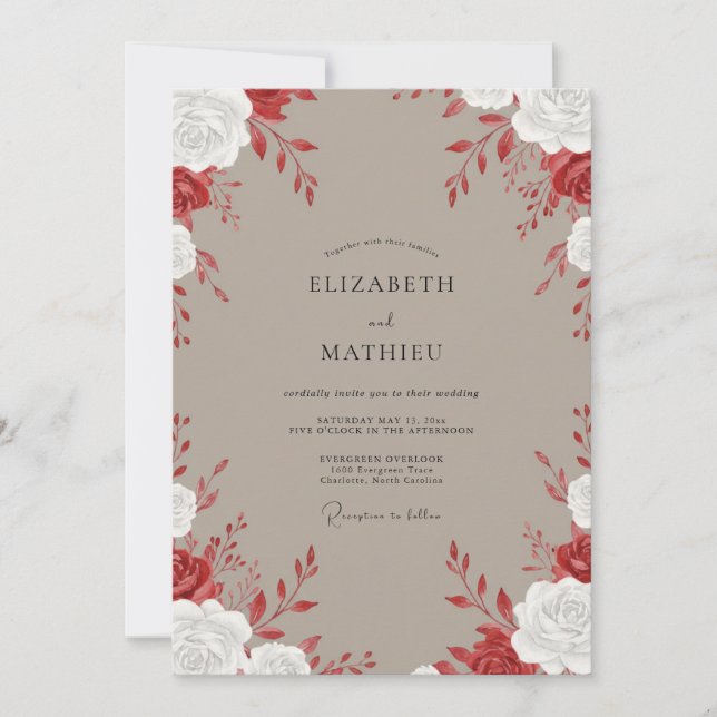 Braunrote Rosenhochzeit Einladung (Vorderseite)