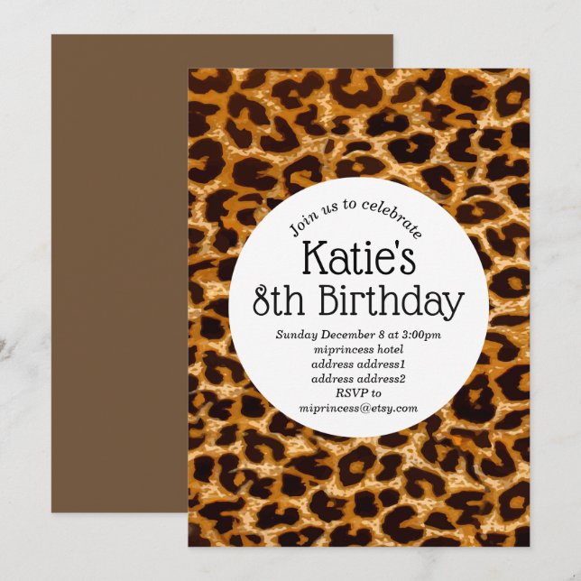 Brauntierdruck, Leopard, Geparden Geburtstag Einladung (Vorne/Hinten)