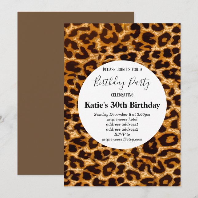 Brauntierdruck, Leopard, Geparden Geburtstag Einladung (Vorne/Hinten)