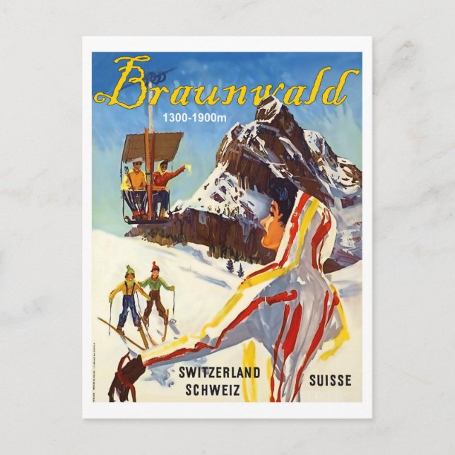 Braunvalde, Schweizer Berge, Skiläufer Postkarte (Vorderseite)