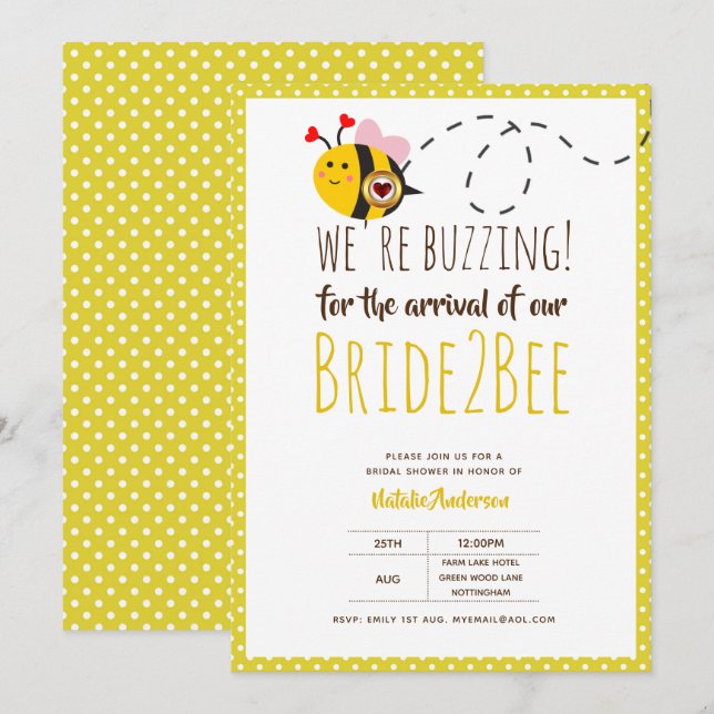 Braut 2 BEE Niedlich Gelbe Hochzeit oder Brautpart Einladung (Vorne/Hinten)