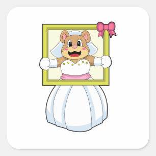 Braut-Bär mit Hochzeitskleid & Bilderrahmen.p Quadratischer Aufkleber