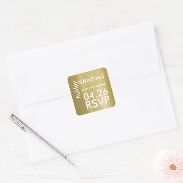 Braut & Bräutigam Imitate Goldhochzeit Rsvp Quadratischer Aufkleber (Umschlag)