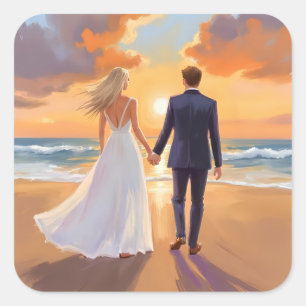 Braut & Bräutigam Strandhochzeit Aquarell Quadratischer Aufkleber