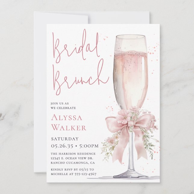 Braut-Brunch Rosa Champagnerglas Einladung (Vorderseite)