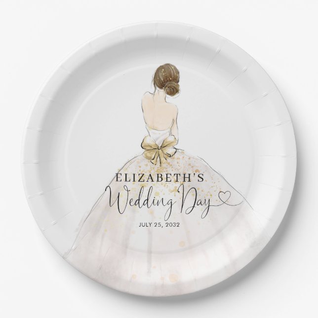 Braut Brünettes Kleid Floral Bridal Hochzeitstag Pappteller (Vorderseite)