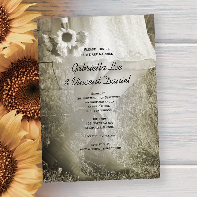 Braut, Cowboy Stiefel und Sonnenblumen Hochzeit Einladung (Von Creator hochgeladen)