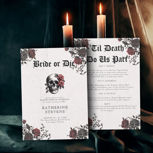 Braut Die Goth Skull Junggeselinnen-Abschied Route Einladung (bride or die bachelorette party invitation weekend itinerary goth skull floral roses romantic moody )