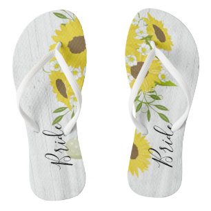 Braut-drehen rustikale hölzerne Sonnenblume-Blumen Flip Flops