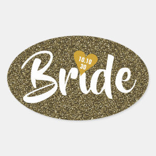 Braut Gold Datum Herz Glitter Personalisiert Ovaler Aufkleber