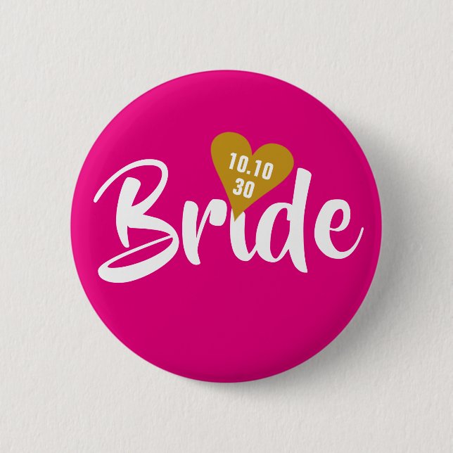 Braut Gold Datum Herz Personalisiert Button (Vorderseite)