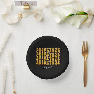 Braut Gold Glitter-Text mit Namen, Schwarz Pappteller