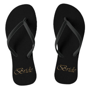Braut, goldene Drehbuch elegante schwarze Hochzeit Flip Flops