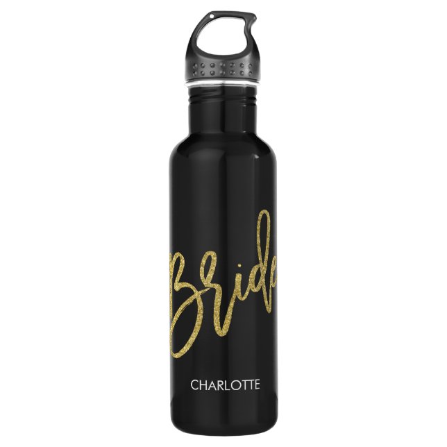 Braut-GoldGlitzer-Skript personalisiert Edelstahlflasche (Vorderseite)