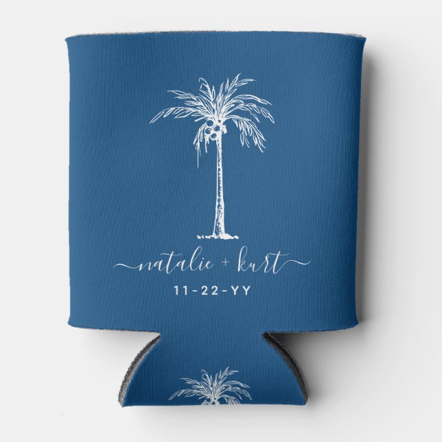 Braut Groom Blue White Palm Tree Custom Wedding Dosenkühler (Vorderseite)