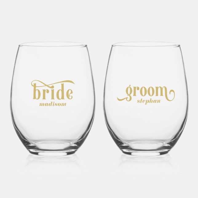 Braut, Groom-Elegant-Gold-Typografie Weinglas Ohne Stiel (Vorderseite)