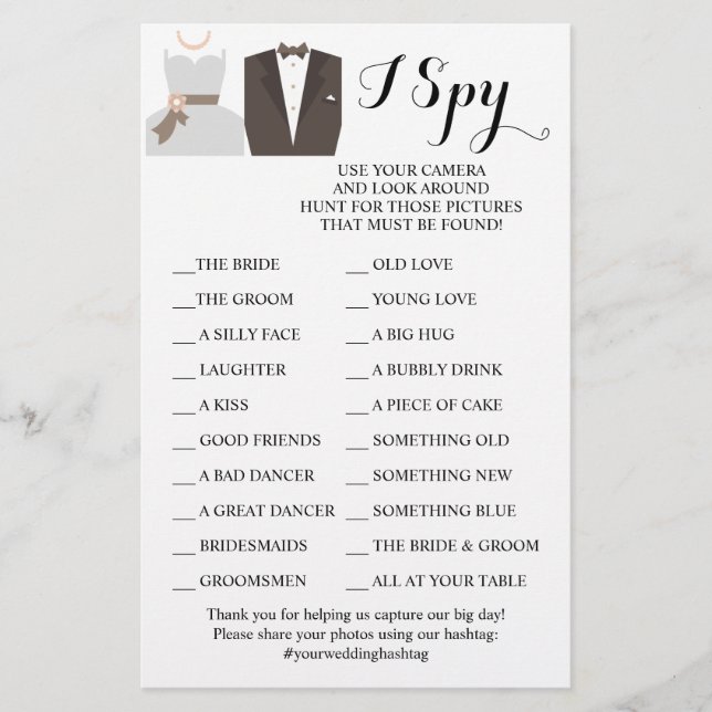 Braut & Groom Hochzeitsempfang I Spy Game Card Flyer (Vorne)
