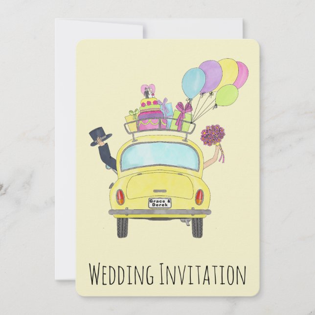 Braut & Groom in Car Hochzeit Einladung (Vorderseite)