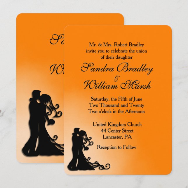 Braut, Groom Orange und Schwarze Hochzeit Einladun Einladung (Vorne/Hinten)