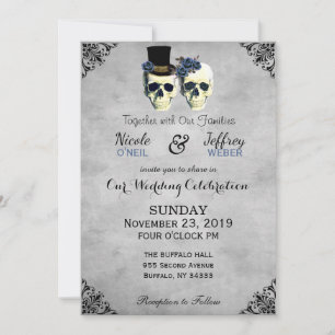 Braut & Groom Skull Goth Rustic Wedding Blue Einladung