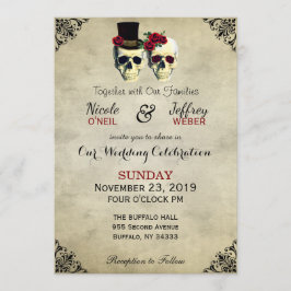 Braut & Groom Skull Goth Rustikale Hochzeit Rot Einladung
