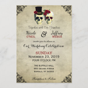 Braut & Groom Skull Goth Rustikale Hochzeit Rot Einladung