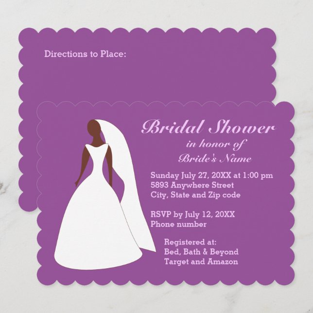 Braut Hochzeit Gown Lila Bridal Dusche Einladung (Vorne/Hinten)