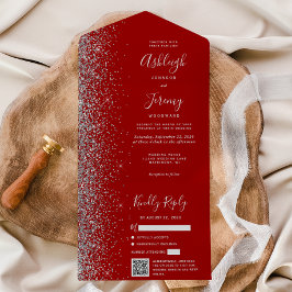 Braut Hochzeit QR Code Crimson Rot Silber Glitter All In One Einladung