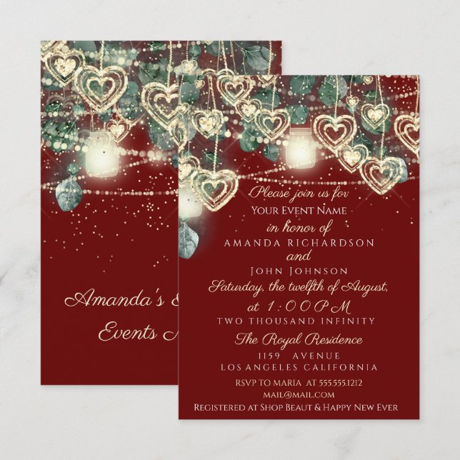 Braut Hochzeit Rustic Wood Gold Maroon Mint He Einladung (Vorne/Hinten)