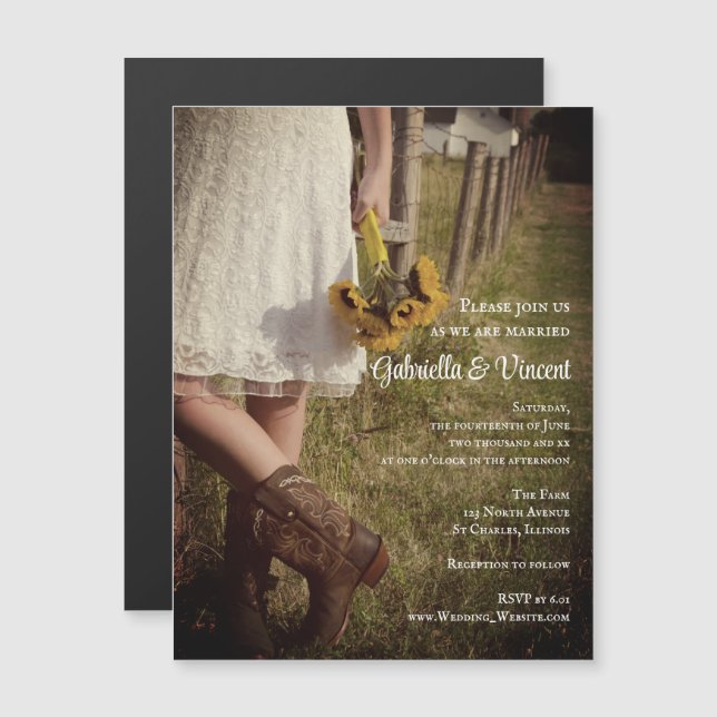 Braut in Cowboy Boots mit Sonnenblumenhochzeit Magneteinladung (Vorne/Hinten)