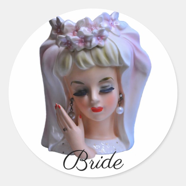 Braut in rosa Kopf Vase Puppen Maniküre Hochzeitst Runder Aufkleber (Vorderseite)